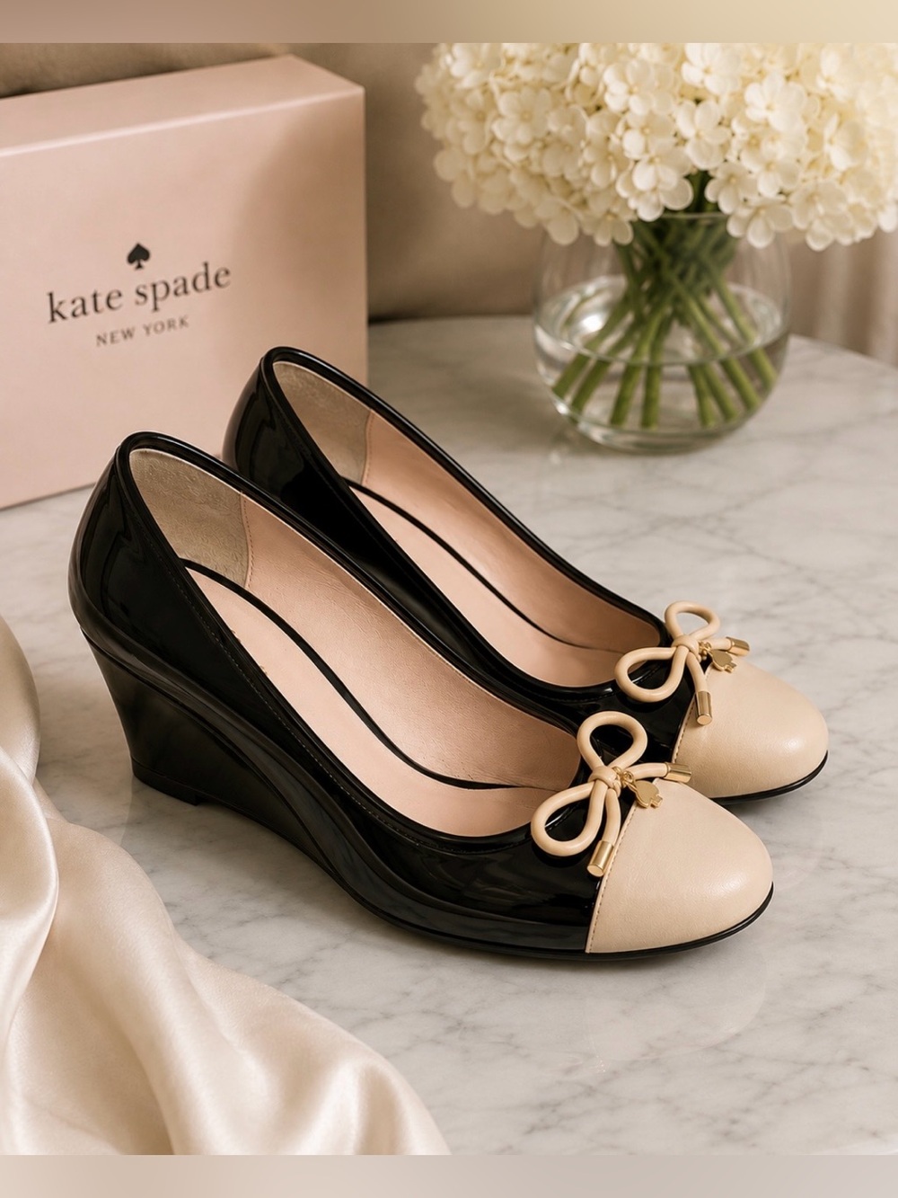 Kate Spade New York Kacey Black Patent Shale Napa Wedge Pumps
